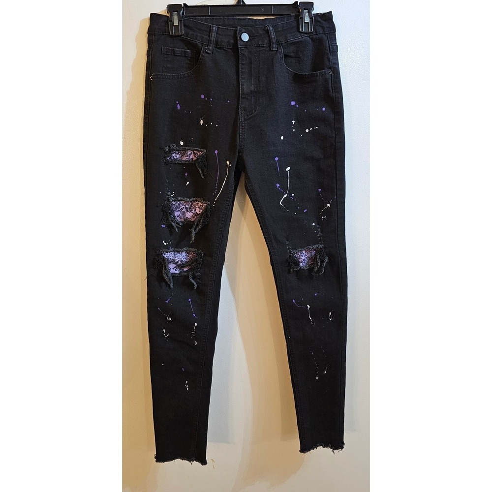 MANFINITY Mens Black Distressed‎ Paint Splatter Slim Fit Jeans Size 30